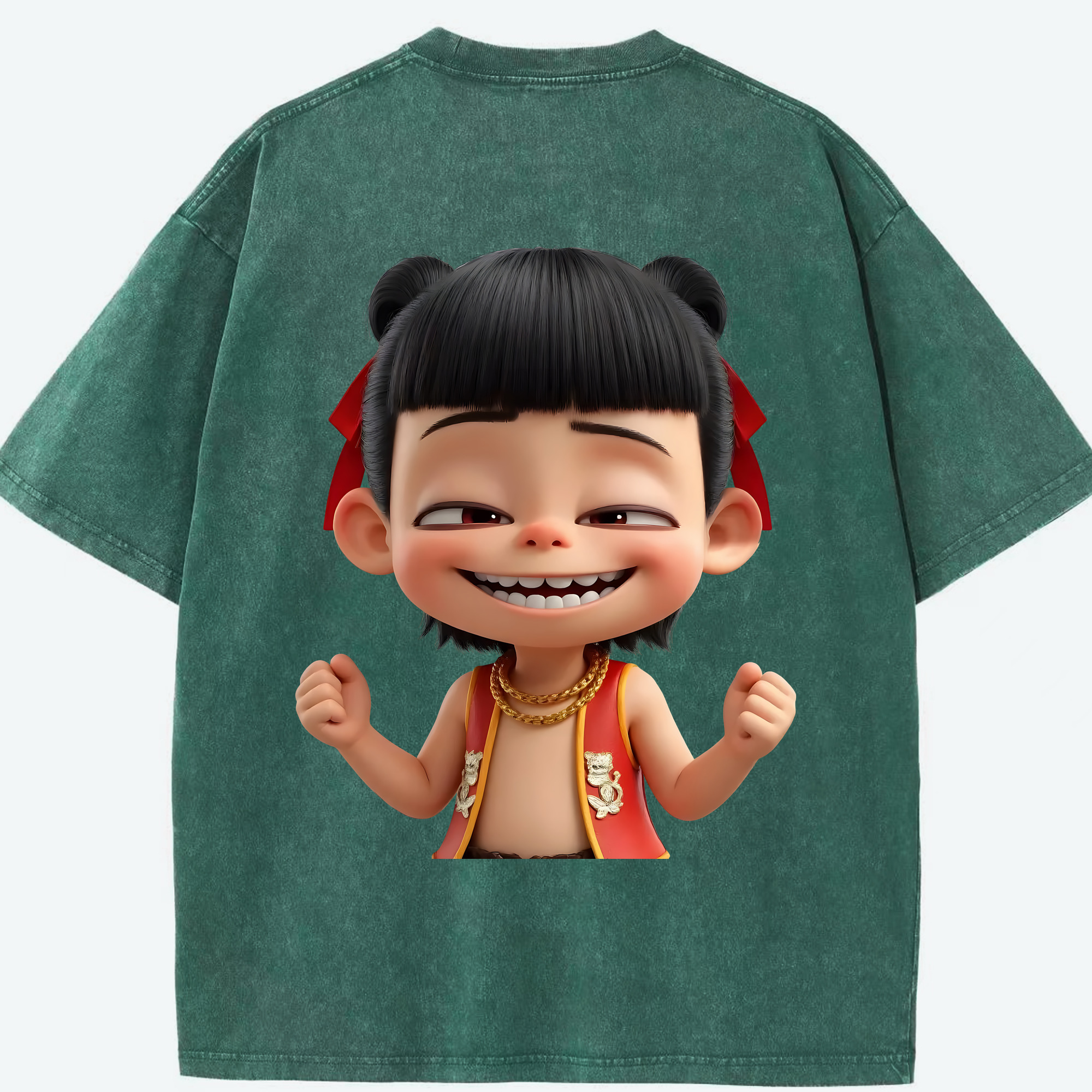 （画像用） Ne Zha 2 ナタ 魔童の大暴れ 綿100% ヴィンテージ風 半袖Tシャツ（背面プリント）